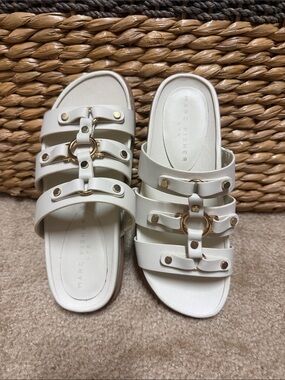 Marc Fisher White Slide Sandals with Gold Ring Hardware